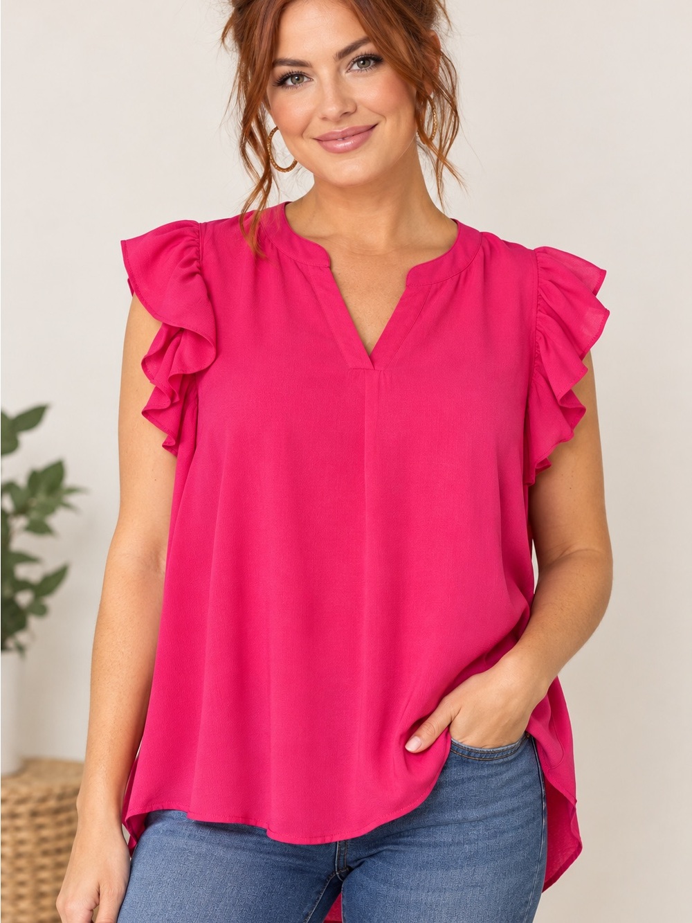 Zenana Outfitters Hot Pink Ruffle Sleeve V-Neck Blouse